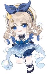 1girl absurdres back_bow bare_shoulders beret black_bow black_shoes blonde_hair bloomers blue_bloomers blue_bow blue_bowtie blue_brooch blue_choker blue_dress blue_eyes blue_sleeves blue_wrist_cuffs bow bow_choker bowtie bubble bubbly_voyage_(infinity_nikki) chibi choker collared_dress detached_sleeves dress eyelashes floating footwear_bow frilled_choker frilled_sleeves frilled_socks frilled_wrist_cuffs frills full_body gradient_bow hair_ornament hair_rings hairclip happy hat hat_bow hat_ornament highres infinity_nikki leg_up light_blush light_particles long_hair looking_ahead mary_janes nikki_(series) open_mouth outstretched_arms rabbit_hair_ornament shoes short_dress short_sleeves sidelocks simple_background smile socks solo sparkle star_(symbol) star_choker star_hat_ornament star_in_eye striped_bow striped_clothes striped_dress swept_bangs symbol_in_eye underwear vertical-striped_clothes vertical-striped_dress white_background white_hat white_socks wrist_cuffs zhizhizhizhizhizong