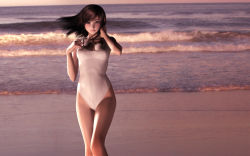 1girl 3d beach brown_hair casual_one-piece_swimsuit female_focus highres hinemaru one-piece_swimsuit original solo swimsuit water
