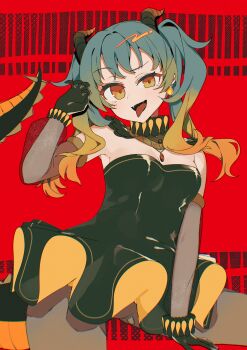 1girl absurdres aqua_hair black_gloves breasts claw_pose dress gloves hatsune_miku highres horns jewelry lizard_tail long_hair looking_at_viewer multicolored_hair open_mouth red_background salamander_(vocaloid) solo tail tongue tsuchinoko_(tutituti0125) twintails vocaloid
