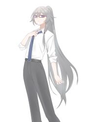 1girl belt belt_buckle black_belt black_pants blue_necktie buckle collared_shirt commentary_request dress_shirt feet_out_of_frame fu_hua glasses grey_hair hair_between_eyes highres honkai_(series) honkai_impact_3rd long_hair long_sleeves necktie pants purple_eyes red-framed_eyewear semi-rimless_eyewear shirt simple_background solo standing sukutsu under-rim_eyewear very_long_hair white_background white_shirt