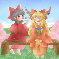 2girls alternate_costume black_hair blonde_hair blue_sky blush bow brown_horns closed_eyes dango eating facing_viewer food frilled_bow frilled_hair_tubes frills from_behind hair_bow hair_tubes hakurei_reimu horn_bow horn_ornament horn_ribbon horns ibuki_suika japanese_clothes kimono looking_at_another lowres mo-musu multiple_girls oni orange_kimono orange_skirt red_bow red_kimono ribbon sanshoku_dango sitting skirt sky smile touhou wagashi