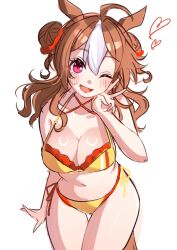 1girl ahoge animal_ears bikini breasts brown_hair cleavage copano_rickey_(umamusume) double_bun frilled_bikini frills hair_bun highres horse_ears horse_girl horse_tail inairego116 medium_breasts multicolored_bikini multicolored_hair one_eye_closed red_eyes simple_background smile solo streaked_hair swimsuit tail thigh_gap two-tone_bikini umamusume v white_background yellow_bikini