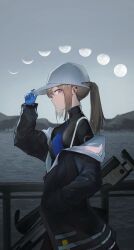 1girl absurdres baseball_cap black_bodysuit black_jacket blonde_hair blue_eyes blue_gloves bodysuit breasts chinese_commentary clothes_pull evening feet_out_of_frame fn_mk_20_ssr from_side girls&#039;_frontline gloves gun hand_in_pocket hand_on_headwear hat headphones highres jacket jacket_pull long_hair long_sleeves looking_at_viewer medium_breasts moon open_clothes open_jacket ponytail rifle scar-h_(girls&#039;_frontline) shenme_niao_mingzi sidelocks solo standing water weapon weapon_on_back