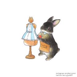 Rule 34 | animal, animal ears, animal focus, apron, artist name, berry jou, blue dress, brown apron, dress, highres, mannequin, no humans, original, pincushion, rabbit, rabbit ears, rabbit tail, sewing pin, simple background, tail, traditional media, two-tone dress, waist apron, white background, white dress