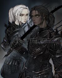 2girls armor ayaki_blade brown_hair chainmail dark-skinned_female dark_skin elden_ring elden_ring:_shadow_of_the_erdtree frown gauntlets highres katana looking_at_viewer multiple_girls scar scar_on_face shoulder_spikes spikes sword swordhand_of_night_anna swordhand_of_night_jolan weapon white_hair yellow_eyes