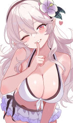 1girl absurdres bikini bikini_skirt black_hairband blush breasts cleavage corrin_(female)_(fire_emblem) corrin_(female)_(novice_vacationer)_(fire_emblem) corrin_(fire_emblem) finger_to_mouth fire_emblem fire_emblem_fates fire_emblem_heroes flower grey_hair hair_between_eyes hair_flower hair_ornament hairband highres large_breasts leaning_forward long_hair looking_at_viewer n_54 navel nintendo official_alternate_costume one_eye_closed pointy_ears red_eyes shushing smile solo swimsuit white_bikini