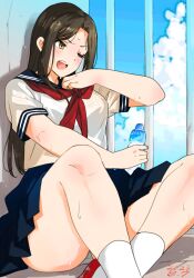 1girl 216_zig blue_sailor_collar blue_skirt blue_sky blush bottle breasts brown_hair clothes_pull cloud cumulonimbus_cloud dated highres holding holding_bottle hot idolmaster idolmaster_cinderella_girls idolmaster_cinderella_girls_starlight_stage knees_apart_feet_together large_breasts long_hair looking_ahead miniskirt mukai_takumi neckerchief one_eye_closed open_mouth panties pantyshot parted_bangs pleated_skirt red_neckerchief sailor_collar school_uniform serafuku shirt_pull shoes short_sleeves skirt sky socks solo sweat teeth underwear upper_teeth_only uwabaki v-shaped_eyebrows white_panties white_serafuku white_socks yellow_eyes