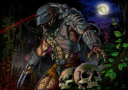 1boy alien arm_blade armor dreadlocks fishnets gauntlets helmet highres laser laser_pointer_projection laser_sight long_hair mask muscular pauldrons plasma_caster predator_(character) predator_(series) shoulder_armor shoulder_cannon skull thigh_armor weapon wrist_blades wswc8755