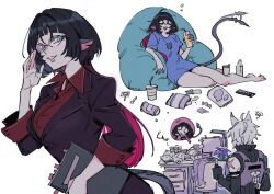 1boy 1girl adjusting_eyewear animal_ears animal_print bean_bag_chair black_hair black_jacket blue_shirt blunt_bangs casual cat_boy chair closed_eyes collared_shirt cup drink flower folder gradient_hair green_eyes holding holding_cup holding_drink holding_folder holding_vase jacket jane_doe_(zenless_zone_zero) lapels long_hair long_sleeves long_tail messy_room mouse_ears mouse_girl mouse_tail multicolored_hair notched_lapels office_chair offnanoda purple_flower red_hair red_shirt scar scar_on_arm seth_lowell sharp_tail shirt short_sleeves sitting sleeveless smile swivel_chair tail white_background white_hair wolf_cut zenless_zone_zero