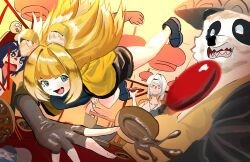 1boy 1girl 3girls absurdres animal_ears blonde_hair bow character_request dalagbangsaenghwaljeung green_eyes high-waist_shorts highres jacket ju_fufu long_hair multiple_girls orange_fur pan_yinhu panda_boy scenery shorts striped_fur striped_hair tail tail_bow tail_ornament tiger_ears tiger_girl tiger_stripes tiger_tail yellow_jacket yixuan_(zenless_zone_zero) zenless_zone_zero
