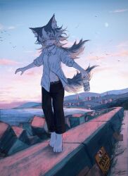1girl animal_ears balancing barefoot black_pants blue_hair blue_sky building can cat_ears cat_girl cat_tail collared_shirt drink_can furry furry_female gradient_sky hair_ornament hairclip highres holding holding_can landscape multicolored_hair ocean open_mouth original outstretched_arms pants pink_sky shirt shore sky sleeves_pushed_up solo spread_arms sunset tail tonan_(l0l0l0l0l0l) town white_hair