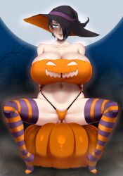 1girl :p absurdres arms_behind_back blue_eyes breasts cleavage elbow_gloves full_moon gloves gluteal_fold hair_over_one_eye halloween halloween_costume hat highleg highleg_panties highres huge_breasts jack-o&#039;-lantern_print large_hat micro_panties moon night original outdoors panties presenting pumpkin saya_(twrlare) short_hair sitting solo spread_legs striped_clothes striped_thighhighs thighhighs tongue tongue_out twrlare underwear witch_hat