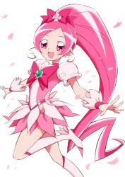 Rule 34 | 1girl, :d, aizawa zawapo, blush, boots, bottle, bow, brooch, cherry blossoms, chest bow, choker, commentary, cure blossom, curly sidelocks, dress, earrings, falling petals, flower earrings, foot out of frame, frilled cuffs, frills, hair bow, hair ornament, hanasaki tsubomi, heart, heart brooch, heartcatch precure!, high heel boots, high heels, high ponytail, highres, jewelry, knee boots, leg up, long hair, looking at viewer, magical girl, multicolored boots, multicolored dress, official style, open hands, open mouth, outstretched arms, parted bangs, perfume bottle, petals, pink boots, pink bow, pink choker, pink dress, pink eyes, pink petals, pink wrist cuffs, ponytail, pouch, precure, puffy short sleeves, puffy sleeves, short dress, short sleeves, simple background, smile, solo, spread fingers, two-tone boots, two-tone dress, umakoshi yoshihiko (style), very long hair, white background, white boots, white dress, wrist cuffs