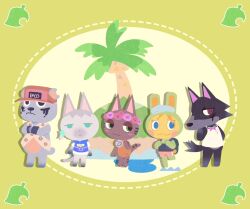 1girl 4boys :&lt; :3 animal_ears animalization aqua_eyes backpack bag bear_boy bear_ears blonde_hair blue_eyes blue_hoodie blush_stickers braid brown_eyes cat_boy cat_ears cat_girl cat_tail charming_man closed_mouth dragona_joestar flower flower_wreath furry furry_female furry_male green_eyes grey_hat hair_ornament hat head_wreath highres hood hood_down hoodie jitome jodio_joestar jojo_no_kimyou_na_bouken looking_at_viewer multiple_boys paco_laburantes palm_tree pink_flower pink_hat pink_shorts rabbit_boy rabbit_ears shirt shorts single_braid sleeveless sleeveless_shirt smile standing star_(symbol) star_hair_ornament tail the_jojolands tree usagi_aloha&#039;oe water white_shirt wolf_boy wolf_ears wolf_tail yesheng_zong_ren