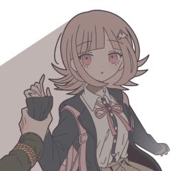 1girl :o black_jacket blunt_bangs blush brown_hair danganronpa_(series) danganronpa_2:_goodbye_despair dress_shirt flipped_hair galaga green_jacket hair_ornament jacket komaeda_nagito komanami_kawaii long_sleeves medium_hair miniskirt nanami_chiaki neck_ribbon open_clothes open_jacket pink_eyes pink_ribbon pleated_skirt ribbon rope shirt shirt_tucked_in skirt white_shirt