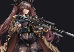 1girl absurdres archillathefox bipod black_background black_bodystocking black_gloves black_shorts bodystocking brown_coat brown_hair closed_mouth coat commentary commission covenant_halo_(girls&#039;_frontline_2) covered_navel cowboy_shot english_commentary girls&#039;_frontline girls&#039;_frontline_2:_exilium glock gloves gun handgun headphones highres holster holstered long_hair m14_(girls&#039;_frontline) microphone official_alternate_costume open_clothes open_coat scope short_shorts shorts simple_background smoke_grenade solo suppressor thigh_holster torn_bodystocking torn_clothes torn_shorts trigger_discipline twintails walkie-talkie weapon