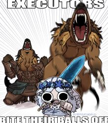 1girl 2boys armor chibi d: doll_joints elden_ring elden_ring_nightreign english_text executor_(elden_ring) head_wreath highres holding holding_sword holding_weapon impact_(font) joints miyan_(oceanmaiden) multiple_boys open_mouth over_shoulder pointing pointing_at_viewer removing_armor revenant_(elden_ring) squiggle_eyes sword transformation veil weapon weapon_over_shoulder
