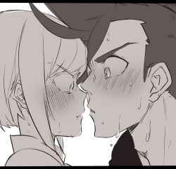 Rule 34 | 2boys, :t, aus vaka, blush, close-up, closed eyes, collared shirt, commentary request, crew neck, galo thymos, greyscale, highres, imminent kiss, letterboxed, lio fotia, looking at another, male focus, monochrome, multiple boys, nervous sweating, promare, shirt, sideburns, sweat, t-shirt, very sweaty, white background, yaoi