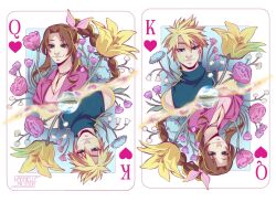 1boy 1girl aerith_gainsborough artist_name bare_shoulders blonde_hair blue_eyes blue_shirt border breasts brown_hair card choker closed_mouth cloud_strife dress flower flower_choker gabbinesss green_eyes hair_between_eyes highres jacket king_(playing_card) king_of_hearts_(playing_card) lily_(flower) materia medium_breasts pink_dress pink_flower playing_card queen_(playing_card) queen_of_hearts_(playing_card) red_jacket shirt short_hair sleeveless sleeveless_turtleneck smile spiked_hair turtleneck upper_body white_border yellow_flower