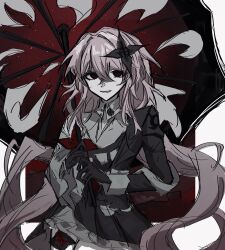 Rule 34 | 1girl, :d, bare shoulders, black coat, black dress, black flower, black gloves, blank eyes, border, coat, collared shirt, cowboy shot, cutedogggggggg, dress, evernight (honkai: star rail), flower, gloves, hair between eyes, hair flower, hair ornament, hair over shoulder, highres, holding, holding umbrella, honkai: star rail, honkai (series), light smile, long hair, march 7th (honkai: star rail), muted color, open mouth, pink hair, red background, red eyes, red flower, shirt, smile, solo, teeth, umbrella, white border, white shirt, wrist cuffs