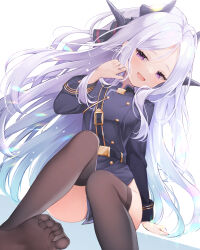 1girl black_thighhighs blue_archive blush breasts commentary demon_girl demon_horns hair_between_eyes hina_(blue_archive) horns long_hair long_sleeves looking_at_viewer mintsu_(ichi--kun) open_mouth purple_eyes signature sitting small_breasts smile soles solo thighhighs very_long_hair white_hair