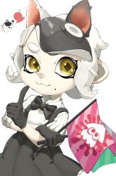 1girl :3 a_a2001214 black_bow black_bowtie black_gloves black_hair bow bowtie closed_mouth commentary_request cosplay flag gloves highres holding holding_flag index_finger_raised judd_(splatoon) judd_(splatoon)_(cosplay) looking_at_viewer mole mole_under_mouth multicolored_hair nintendo octoling octoling_girl octoling_player_character pink_flag short_hair simple_background solo splatoon_(series) squid_print standing tentacle_hair two-tone_hair upper_body white_background white_hair yellow_eyes