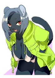 1girl :d animal_ears bikini breasts cleavage fang furry furry_female large_breasts open_mouth original panther_ears panther_girl panther_tail short_hair simple_background smile swimsuit tail tanutan_(fur-ecoro3) white_background