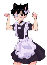 1boy alternate_costume animal_ears apron black_choker black_dress black_eyes black_hair bow cat_boy cat_ears choker collared_dress commentary contrapposto cowboy_shot crossdressing double-parted_bangs dress empty_eyes english_commentary enmaided eyepatch fang frilled_sleeves frills hair_behind_ear hair_bow hands_up highres inuinu_6 kemonomimi_mode looking_at_viewer maid maid_apron male_focus no_pupils omori one_eye_covered open_mouth paw_pose pleated_dress puffy_short_sleeves puffy_sleeves short_dress short_hair short_sleeves simple_background skin_fang solo spoilers standing sunny_(omori) very_short_hair waist_apron white_apron white_background white_bow