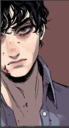 Rule 34 | 1boy, 23i2ko, art program in frame, bags under eyes, black hair, blood, blood on body, blood on clothes, blood on face, blood splatter, blue coat, coat, commentary, curly hair, english commentary, green eyes, head tilt, highres, looking at viewer, male focus, narrowed eyes, original, popped collar, red background, serious, short hair, simple background, solo, split crop