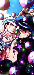 2boys absurdres anchor_ornament black_coat black_hair blue_eyes blue_hair blurry bubble coat collarbone depth_of_field diamond_wa_kudakenai dixie_cup_hat earrings gakuran green_lips hat higashikata_josuke higashikata_josuke_(jojolion) high_collar highres jewelry jojo_no_kimyou_na_bouken jojolion looking_at_viewer makeup male_focus military_hat multiple_boys noonvincent parted_lips peace_symbol pointing pointing_at_self pompadour purple_eyes sailor sailor_collar school_uniform shirt star_(symbol) star_print stud_earrings teeth white_hat white_sailor_collar white_shirt
