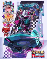 4girls absurdres amy_rose animal_ear_headphones animal_ears aqua_hair cat_ear_headphones chao_(sonic) copyright_name cream_the_rabbit drill_hair fake_animal_ears fingerless_gloves gloves hatsune_miku headphones hedgehog_girl highres hoverboard jacket kasane_teto kornart logo multiple_girls official_alternate_costume open_mouth rabbit_girl sonic_(series) sonic_racing:_crossworlds star-shaped_pupils star_(symbol) symbol-shaped_pupils twin_drills twintails v v_over_eye vocaloid