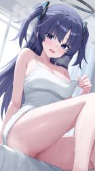 1girl absurdres bare_shoulders bed bed_sheet black_halo blue_archive blush breasts cleavage collarbone commentary dutch_angle from_below hair_between_eyes hair_ornament halo highres indoors knee_up large_breasts long_hair looking_at_viewer mechanical_halo nail_polish on_bed open_mouth pink_nails purple_eyes purple_hair red_pupils sei_(0724sei6) shirt shirt_tug sitting solo spaghetti_strap steam sweat thighs triangle_hair_ornament two_side_up very_long_hair wavy_mouth white_shirt window yuuka_(blue_archive)