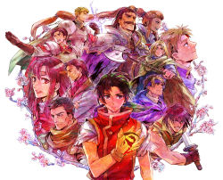 2girls 6+boys alen_(suikoden) armor axe bandana barbarossa_rugner black_eyes black_hair blonde_hair blue_eyes braid brown_eyes brown_hair cape closed_eyes crossed_arms electricity facial_hair flik_(suikoden) flower gensou_suikoden gensou_suikoden_i gloves gremio_(suikoden) grenseal_(suikoden) headband long_hair magic mathiu_silverberg multicolored_hair multiple_boys multiple_girls mustache odessa_silverberg ponytail red_hair ritsuko_(rittii) rune_(suikoden) scar short_hair shoulder_pads smile sword ted ted_(suikoden) teo_mcdohl tiara tir_mcdohl true_rune two-tone_hair viktor_(suikoden) weapon windy_(suikoden)