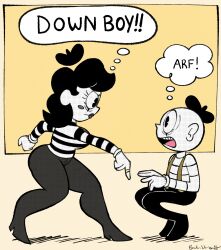 1boy 1girl artist_name bare_hips bare_shoulders beret black_hat breasts closed_mouth colored_skin commentary down_boy!!_(meme) english_commentary english_text gloves hat highres husband_and_wife hush_the_mime_(imrachets) imrachets large_breasts lips meme mime mute open_mouth original pac-man_eyes quiet_the_mime_(imrachets) shirt signature speech_bubble striped_clothes striped_shirt teeth thick_thighs thighs thought_bubble toon_(style) upper_teeth_only white_gloves white_skin