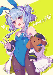 Rule 34 | 1girl, animal ears, bare shoulders, black pantyhose, blue hair, blue leotard, breasts, brown eyes, busou kanojo, coat, covered navel, double bun, fake animal ears, groin, hair bun, highleg, highleg leotard, highres, horns, kome no aru seikatsu, leotard, long hair, nenemaru (busou kanojo), off shoulder, open mouth, pantyhose, playboy bunny, rabbit ears, single horn, small breasts, smile, solo, strapless, strapless leotard, stuffed animal, stuffed toy, thighs, v, virtual youtuber, white coat