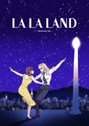 2girls absurdres animal_ears black_footwear black_necktie black_pants blue_eyes brown_hair closed_mouth collared_shirt commentary dancing dress english_commentary girls_band_cry grey_hair habsida_(habsida_hpy) highres iseri_nina kawaragi_momoka la_la_land long_hair movie_poster multiple_girls necktie night outdoors pants parody shirt short_twintails sky sleeves_rolled_up smile star_(sky) starry_sky twintails twitter_username white_shirt yellow_dress yuri