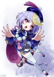 1girl absurdres bead_necklace beads braid chinese_clothes coin_hair_ornament cromachina fangs genshin_impact hair_ornament hat highres jewelry jiangshi leaning_to_the_side long_hair long_sleeves looking_at_viewer nail_polish necklace ofuda ofuda_on_head open_mouth outstretched_arms purple_hair purple_hat qingdai_guanmao qiqi_(genshin_impact) red_eyes single_braid solo talisman teeth thighhighs vision_(genshin_impact) zombie_pose