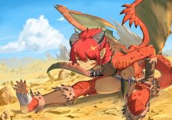 armor bandaged_foot bandages bare_shoulders bent_over blue_sky cloud colored_skin commission day desert dragon_girl dragon_horns dragon_tail dragon_wings eimirja_(soapy) feet hair_between_eyes hand_on_own_thigh highres horns jewelry leather_armor light_smile long_toenails looking_at_viewer medium_hair messy_hair midriff multicolored_skin navel necklace original pointy_ears red_scales red_skin rock sharp_toenails shin_guards skeb_commission sky soles solo stretching tail takako_(takako25252525) toenails tooth_necklace torn_clothes two-tone_skin wiggling_toes wings yellow_eyes yellow_skin