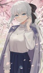 1girl black_bow blue_eyes blush bomberca309 bow braid breasts fate/grand_order fate_(series) grey_hair hair_bow half_up_braid highres large_breasts long_hair long_sleeves looking_at_viewer morgan_le_fay_(fate) ponytail sidelocks skirt smile solo very_long_hair