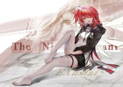 1girl absurdres arknights black_collar black_shorts character_name chinese_commentary collar commentary_request dated detached_wings energy_wings english_text exianble exusiai_(arknights) exusiai_the_new_covenant_(arknights) feet hair_over_one_eye halo highres hood hooded_jacket jacket legs long_sleeves looking_at_viewer medium_hair no_shoes open_clothes open_jacket open_mouth red_hair red_nails red_shorts shirt shorts sitting solo thigh_strap thighhighs thighs white_halo white_shirt white_thighhighs white_wings wings yellow_eyes