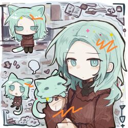 Rule 34 | 1girl, ?, animal, animal ears, animal on hand, aqua eyes, aqua hair, arrow (symbol), black pants, bright pupils, cat, cat ears, cat girl, chibi, chinese commentary, closed mouth, commentary request, commission, enomoto noa, heart, highres, kemonomimi mode, long hair, long sleeves, multiple views, open mouth, pants, red sweater, reiji94783, ribbed sweater, saibou shinkyoku, spoken question mark, sweat, sweater, teardrop, turtleneck, watermark, white pupils