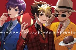 3boys aged_up amanogawa_ryuusei black_eyes black_hair black_shirt blonde_hair blue_eyes box box_of_chocolates brown_eyes brown_hair buttons chocolate chocolate-covered_food chocolate_strawberry closed_mouth collared_shirt commentary dress_shirt fedora food fruit green_necktie hair_between_eyes hand_up hat highres holding holding_box holding_chocolate holding_food holding_plate jacket jinzou_konchuu_kabutoborg_vxv kuroda_(kuro_yyy) lapels light_smile looking_over_eyewear matsuoka_katsuji multicolored_hair multiple_boys necktie open_mouth plaid_clothes plaid_jacket plate purple_hair red_background red_necktie red_shirt ryuushou_ken shirt short_hair simple_background smile steamed_bun suit_jacket sunglasses teeth translated two-tone_hair upper_body upper_teeth_only valentine white_hat white_shirt yellow_jacket yellow_shirt
