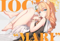 1girl alternate_eye_color animal_ear_fluff animal_ears bare_arms bare_legs bare_shoulders barefoot blue_archive blush braid cat_ears cat_girl character_name chiu538 commentary double-parted_bangs finger_to_mouth flower full_body hair_between_eyes hair_flower hair_ornament hairband halo hat hat_flower highres index_finger_raised knees_together_feet_apart legs_up loli long_hair looking_at_viewer low-braided_long_hair low-tied_long_hair lying mari_(blue_archive) mary_janes mindscape_cinema_(zenless_zone_zero) nun on_side orange_eyes parted_lips shoes simple_background smile soles solo toes veil white_flower yellow_halo zenless_zone_zero