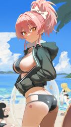 Rule 34 | 3girls, @ @, absurdres, beach, bikini, black bikini, black hoodie, blue sky, blush, bow, breasts, closed mouth, cloud, cloudy sky, commentary, day, earrings, hair between eyes, hair bow, hand in pocket, heart, heart earrings, high ponytail, highres, hood, hoodie, idolmaster, idolmaster cinderella girls, jewelry, jougasaki mika, jougasaki rika, large breasts, long hair, long sleeves, looking at viewer, looking back, multiple girls, ocean, outdoors, palm tree, pink hair, pink lips, ponytail, sand, sky, solo focus, star tattoo, sweat, swimsuit, tattoo, thighs, tomber, tree, white bow, white innertube, yellow eyes