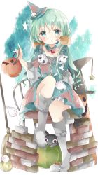 Rule 34 | 1girl, :o, animal, aqua background, bad id, bad pixiv id, bloomers, blush, boots, brick wall, broom, cat, commentary request, detached collar, dress, female focus, food-themed hair ornament, ghost, green eyes, green hair, hair between eyes, hair ornament, halloween, hat, head tilt, heart, highres, holding, jack-o&#039;-lantern, knee boots, long hair, long sleeves, looking at viewer, low twintails, mini hat, multicolored dress, original, parted lips, pumpkin hair ornament, ringlets, silver boots, sitting, skull, solo, star (symbol), tsukiyo (skymint), twintails, underwear, very long hair, white background, white bloomers, wizard hat