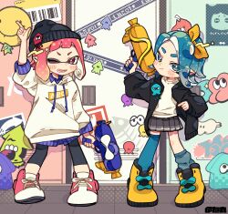 Rule 34 | 1boy, 1girl, arm up, asymmetrical legwear, beanie, black hat, black jacket, black leggings, blue eyes, blue hair, blue skirt, blue socks, blue thighhighs, blunt bangs, blush stickers, boots, closed mouth, commentary request, drawstring, full body, gun, hat, highres, holding, holding gun, holding weapon, hood, hood down, hoodie, inkling, inkling boy, inkling player character, jacket, leggings, long sleeves, looking at viewer, nintendo, notamaru 2, octoling, octoling girl, octoling player character, one eye closed, open clothes, open jacket, open mouth, pleated skirt, red eyes, red hair, red shoes, shirt, shoes, short hair, single sock, single thighhigh, skirt, socks, splatoon (series), splattershot (splatoon), standing, thick eyebrows, thighhighs, uneven legwear, weapon, white hoodie, white shirt, yellow boots