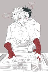 2boys apron blush closed_eyes couple dishwashing hatake_kakashi hug hug_from_behind indoors looking_at_another male_focus multiple_boys naruto_(series) naruto_shippuuden plate shirt short_hair sink speech_bubble standing translation_request uchiha_obito vosovic yaoi