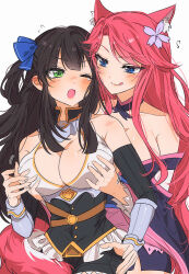 animal_ears blue_eyes brown_hair ceri_(sakura_dungeon) commission commissioner_upload flying_sweatdrops fox_ears fox_tail from_behind grabbing_another&#039;s_breast green_eyes groping japanese_clothes kimono kkikkismom looking_to_the_side non-web_source pink_hair sakura_dungeon tail yomi_(sakura_dungeon) yuri