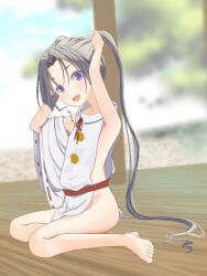 1boy arm_up armpits bare_legs barefoot black_hair blush feet highres houjou_tokiyuki_(nige_jouzu_no_wakagimi) long_hair looking_at_viewer male_focus nige_jouzu_no_wakagimi no_pants open_mouth ponytail purple_eyes ryo_nigewaka shota sideless_kimono sideless_outfit sitting solo toes trap very_long_hair