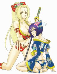 Rule 34 | 2girls, back, barefoot, blonde hair, breasts, brown eyes, cleavage, feet, flower, from behind, hair flower, hair ornament, kneeling, long hair, looking back, multiple girls, naruto, naruto (series), onemu hormone, ponytail, purple eyes, purple hair, shizune (naruto), short hair, simple background, sitting, smile, sword, tattoo, tsunade (naruto), weapon
